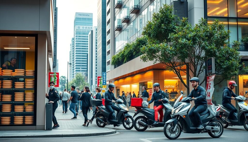A bustling urban street scene, with a stylish and modern delivery service storefront in the foreground. The storefront features a sleek, minimalist design with large windows showcasing an array of neatly packaged food containers. A team of efficient and courteous delivery staff, dressed in smart uniforms, are seen loading motorcycles and electric scooters, ready to swiftly transport orders to eager customers. The middle ground captures the lively city backdrop, with people hurrying about their daily lives, surrounded by a blend of contemporary architecture and vibrant greenery. Warm, diffused lighting casts a welcoming glow, creating an atmosphere of innovation and seamless dining experiences.