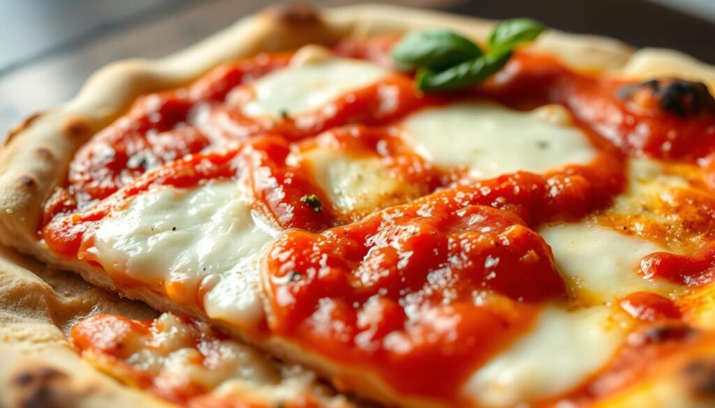 A close-up, high-resolution, macro shot of a slice of authentic Neapolitan pizza, showcasing its distinctive thin, soft, and chewy crust. The dough has a light, airy texture with visible air pockets and a slightly charred, crisp edge. Atop the crust, a vibrant, glistening layer of rich, creamy mozzarella cheese, drizzled with fragrant, aromatic tomato sauce. The sauce has a deep, complex flavor, with a balance of sweetness, acidity, and subtle herbs. The overall scene is bathed in warm, natural lighting, emphasizing the pizza's inviting texture and mouthwatering appearance, evoking the comforting and satisfying experience of savoring a traditional Roman-style pizza.