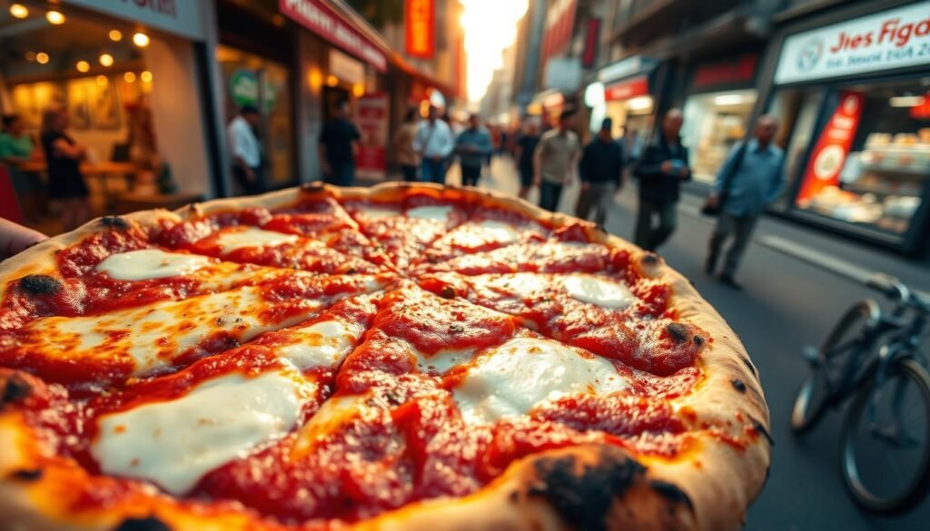 A mouth-watering pizza with a perfectly charred crust, glistening with fresh tomato sauce and melted mozzarella cheese. The pizza is surrounded by a busy city street, bustling with people and vibrant storefronts, capturing the global popularity and influence of this iconic dish. The scene is bathed in warm, golden light, creating a cozy and inviting atmosphere. The camera angle is slightly elevated, allowing the viewer to take in the full scope of the scene and appreciate the pizza's prominent placement in this dynamic urban setting.