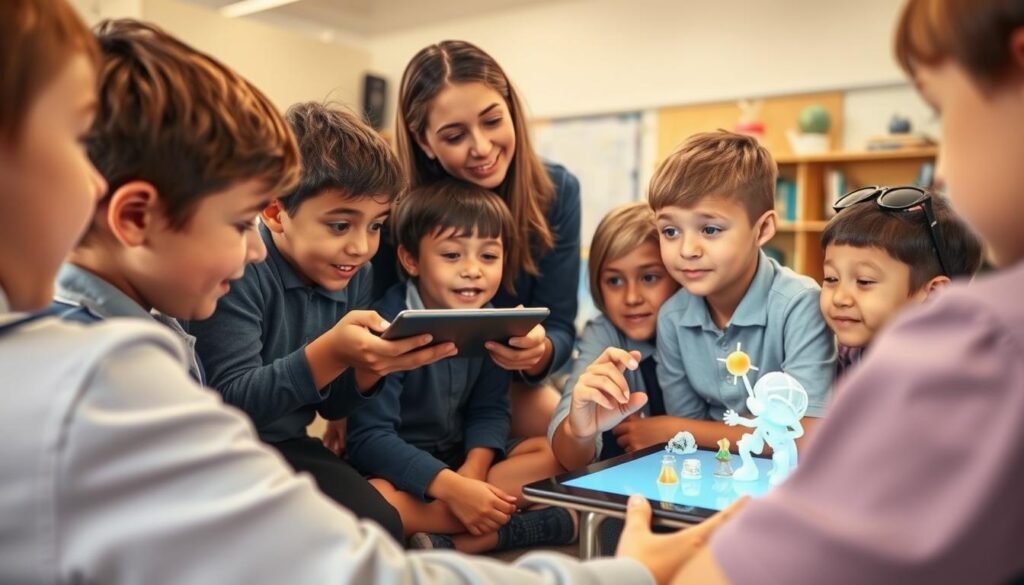 A primary school classroom with students actively engaged in using augmented reality (AR) technology to explore science concepts. In the foreground, a group of children huddle around a tablet, their faces alight with wonder as virtual 3D models appear before them. The middle ground showcases the teacher guiding the lesson, seamlessly integrating the AR experience into the curriculum. In the background, the classroom is bathed in warm, natural lighting, creating a welcoming and stimulating learning environment. The scene conveys a sense of exploration, collaboration, and the powerful integration of technology to enhance the educational journey of young learners.