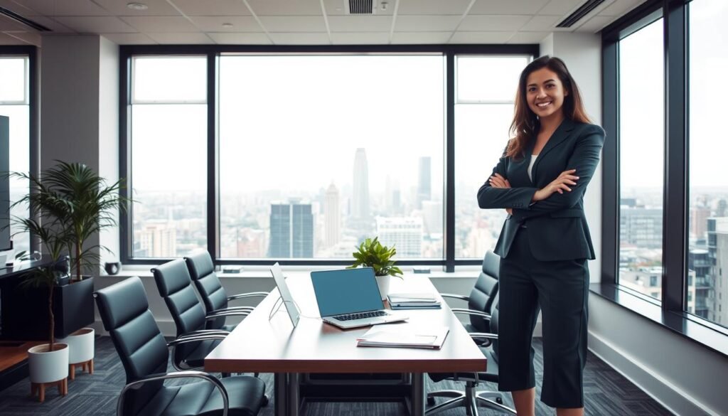 A serene, well-lit office setting showcasing the diverse benefits of a career after completing a postgraduate management program. In the foreground, a professional dressed in business attire stands confidently, symbolizing the empowerment and career advancement gained. The middle ground features a stylish desk with a laptop, documents, and a potted plant, conveying the organized and productive work environment. In the background, large windows offer a panoramic view of a bustling cityscape, hinting at the expanded opportunities and global reach accessible to graduates. The overall mood is one of aspiration, success, and the fulfillment of personal and professional goals.