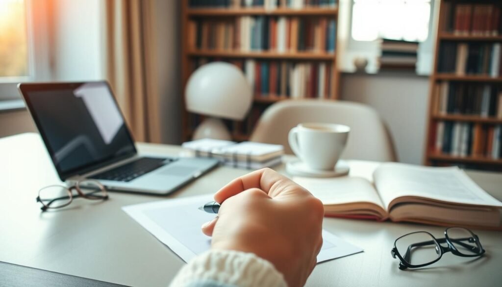 A tranquil, well-lit workspace with a laptop, books, and a cup of coffee on a neatly organized desk. Soft, natural lighting filters through a window, casting a warm glow on the scene. In the foreground, a hand holds a pen, ready to jot down notes or tips for a successful scholarship application. The middle ground features a stack of documents and a pair of reading glasses, conveying a sense of focused, academic preparation. The background showcases a bookshelf filled with volumes, symbolizing the knowledge and resources available to the aspiring scholar. The overall atmosphere is one of focus, diligence, and the pursuit of educational advancement.
