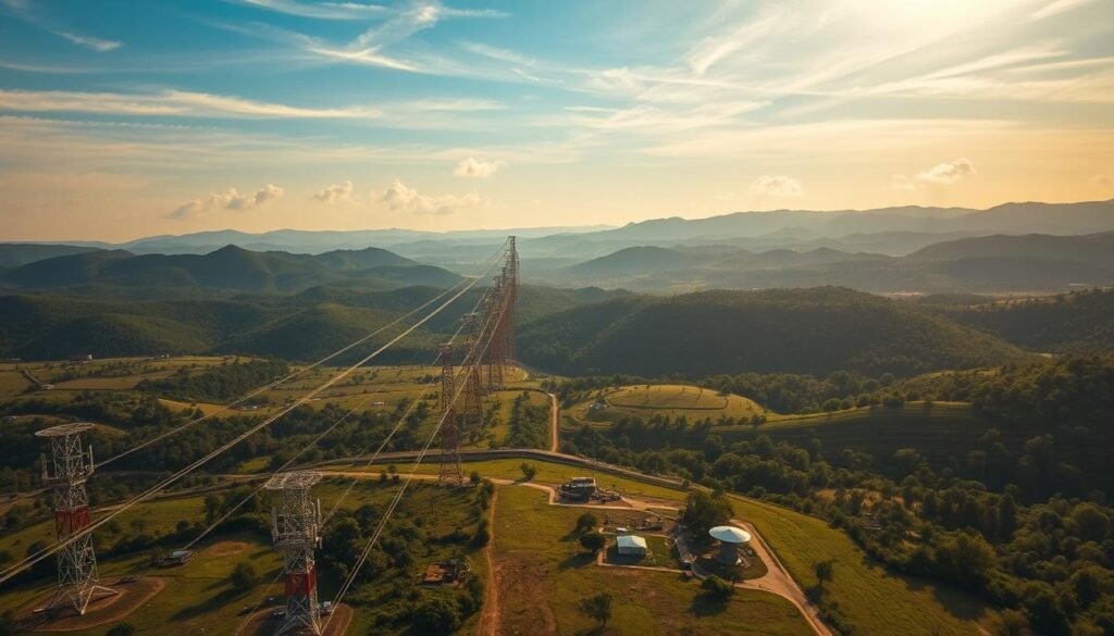 A vast digital infrastructure network unfurling across rural landscapes, bridging the connectivity divide. In the foreground, rows of communication towers stretch towards the horizon, bathed in warm, golden sunlight filtering through wispy clouds. Mid-ground, satellite dishes and relay stations dot the terrain, facilitating the seamless flow of data. In the background, rolling hills and lush forests provide a verdant, natural backdrop, symbolizing the harmonious integration of technology and the environment. The scene conveys a sense of progress, accessibility, and the government's commitment to delivering digital equity, empowering communities and driving sustainable development.