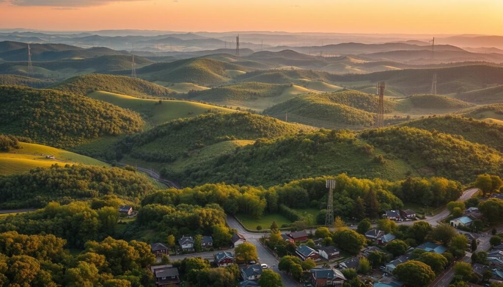 A vast expanse of lush, rolling hills dotted with verdant forests, where a sprawling digital infrastructure emerges, seamlessly blending with the natural landscape. Sleek, modern telecommunications towers rise like sentinels, their sleek lines and gentle curves casting long shadows across the terrain. In the foreground, a bustling town thrives, its streets alive with the hum of activity as residents engage with the digital world, their faces illuminated by the glow of screens. The sky above is painted in warm hues, lending an air of tranquility to the scene, as if the digital and the natural coexist in perfect harmony. The image conveys the impact of digital infrastructure development, highlighting how it can be integrated into the rural environment, bringing progress and connectivity to communities while preserving the beauty of the natural surroundings.