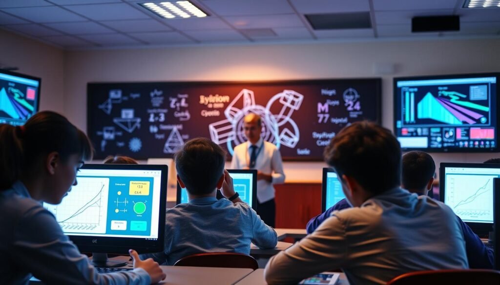 A vibrant digital mathematics classroom, illuminated by the glow of computer screens. In the foreground, students intently focus on interactive lessons, manipulating virtual shapes and graphs with precise gestures. The middle ground showcases a teacher guiding the class, leveraging educational software to deliver engaging, multimedia-rich content. In the background, a world of data visualizations and simulations unfolds, inviting exploration and discovery. Soft, diffused lighting casts a warm, inviting atmosphere, as the scene captures the seamless integration of technology and pedagogy, fostering a dynamic, technology-empowered mathematics learning experience.
