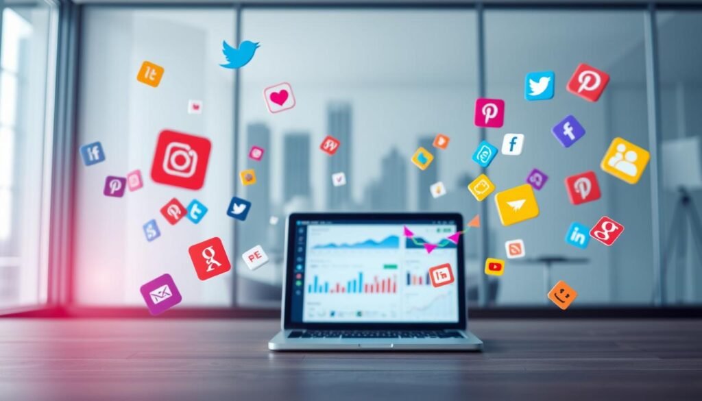A vibrant, professional social media marketing strategy unfolding in a modern, minimalist setting. In the foreground, colorful social media icons and logos float effortlessly, hinting at the various platforms and channels to be leveraged. The middle ground features a laptop or tablet displaying analytical data and engagement metrics, showcasing the data-driven approach. In the background, a subtle cityscape or office environment sets the scene, conveying a sense of a thriving, connected digital landscape. Soft, directional lighting accentuates the clean, sophisticated aesthetic, while a subtle depth of field keeps the focus on the core elements of the strategy. The overall mood is one of strategic innovation, digital savvy, and a keen understanding of the social media landscape.
