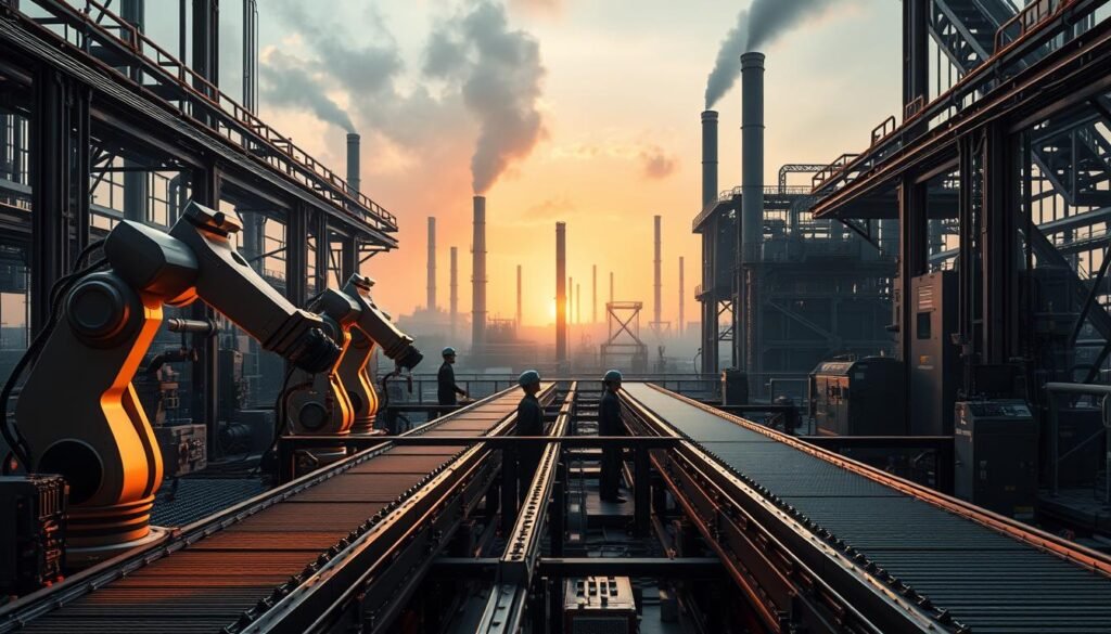 a highly detailed, realistic, and cinematic image of the implementation of industrial technology. The foreground features a state-of-the-art factory floor, with advanced robotic arms, precision machining tools, and a team of skilled technicians overseeing the production process. In the middle ground, conveyor belts transport finished products through a sleek, modern facility, bathed in warm, directional lighting that casts dramatic shadows. The background showcases a panoramic view of the industrial complex, with towering smokestacks, gleaming metal structures, and a hazy, industrialized skyline. The overall scene conveys a sense of efficiency, innovation, and the power of technological progress, capturing the essence of the "Strategi Menperin Politisi Hadapi Era AI" subject matter.