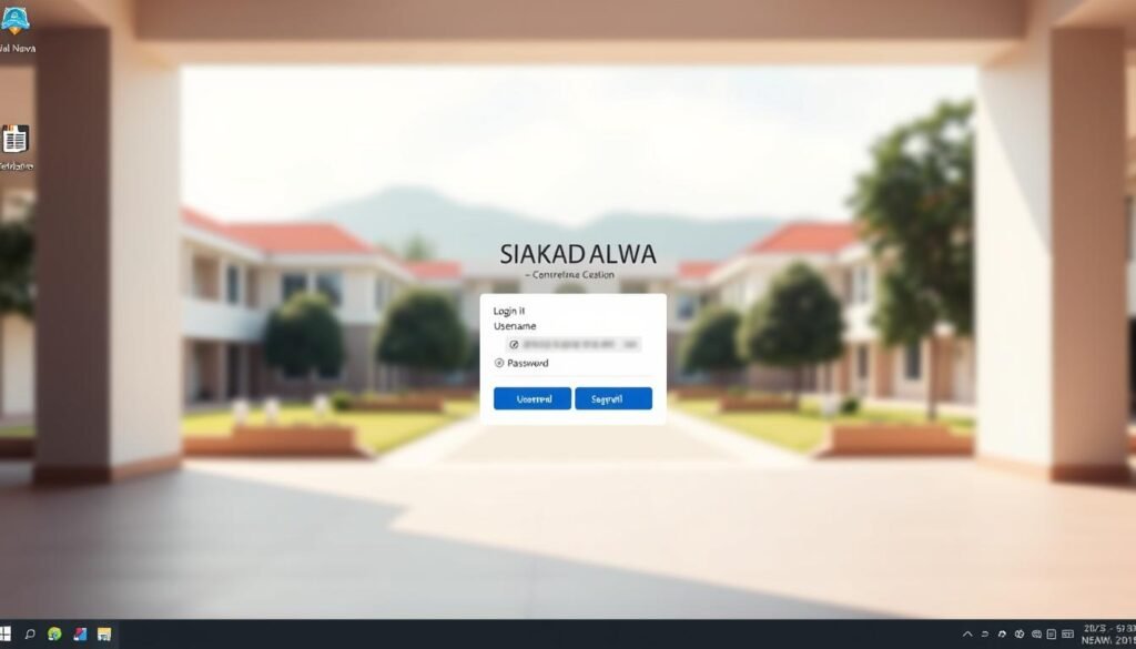 A clean, modern desktop interface showcasing the official SIAKAD Dalwa website login page. The foreground features a centered login form with fields for username and password, surrounded by a minimalist design aesthetic. The middle ground depicts the website's header and navigation menu, while the background showcases a blurred campus landscape, conveying an academic atmosphere. Soft, natural lighting illuminates the scene, creating a professional and inviting mood. The overall composition emphasizes simplicity, ease of use, and the authoritative nature of the SIAKAD Dalwa online platform.