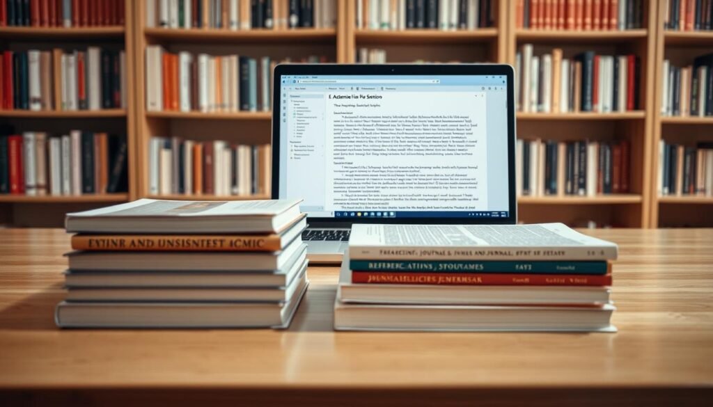A clean, well-organized journal reference section on a sleek, wooden desk. In the foreground, a neat stack of academic journals, their spines neatly aligned. In the middle ground, a modern laptop displaying a digital reference management tool, its interface showcasing a properly formatted journal citation. The background features a bookshelf filled with academic texts, creating a scholarly atmosphere. Soft, directional lighting casts a warm glow, emphasizing the precision and attention to detail required for accurate journal referencing. The overall scene conveys a sense of academic rigor and professionalism.
