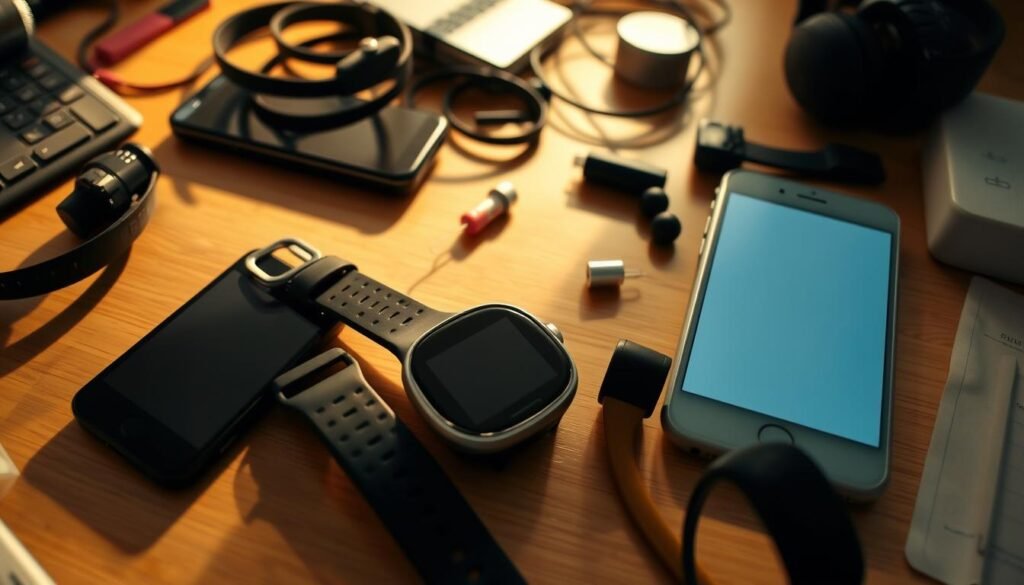A cluttered desk with a smartwatch, phone, and various fitness accessories scattered about, suggesting disorganized use. Soft, warm lighting casts shadows across the scene, creating a sense of carelessness. The smartwatch display is difficult to read, hinting at improper settings or lack of customization. The overall atmosphere conveys a feeling of missed opportunities for health and wellness due to poor smartwatch management.