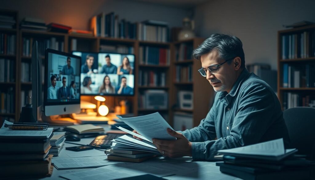 A dimly lit academic office, papers and books strewn across a cluttered desk. In the foreground, a researcher intently reviews a manuscript, brow furrowed in concentration. Behind them, a computer screen displays a video call, colleagues engaged in a lively discussion. Shelves line the walls, filled with journals and research materials. Soft, warm lighting creates an atmosphere of thoughtful contemplation, as the peer review process unfolds, a crucial step in the journey of scholarly publication.