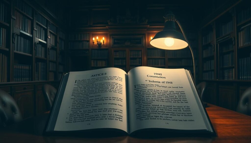A dimly lit, elegant library interior with ornate wooden bookshelves lining the walls. On a large oak desk, an open book displays the text of Article 6 of the 1945 Constitution of Indonesia, its pages illuminated by a single desk lamp casting warm, focused light. The room has a contemplative, scholarly atmosphere, hinting at the depth and significance of the legal document being studied. The image should convey a sense of thoughtful analysis and reverence for the foundational principles of Indonesian law and governance. A dimly lit, elegant library interior with ornate wooden bookshelves lining the walls. On a large oak desk, an open book displays the text of Article 6 of the 1945 Constitution of Indonesia, its pages illuminated by a single desk lamp casting warm, focused light. The room has a contemplative, scholarly atmosphere, hinting at the depth and significance of the legal document being studied. The image should convey a sense of thoughtful analysis and reverence for the foundational principles of Indonesian law and governance.