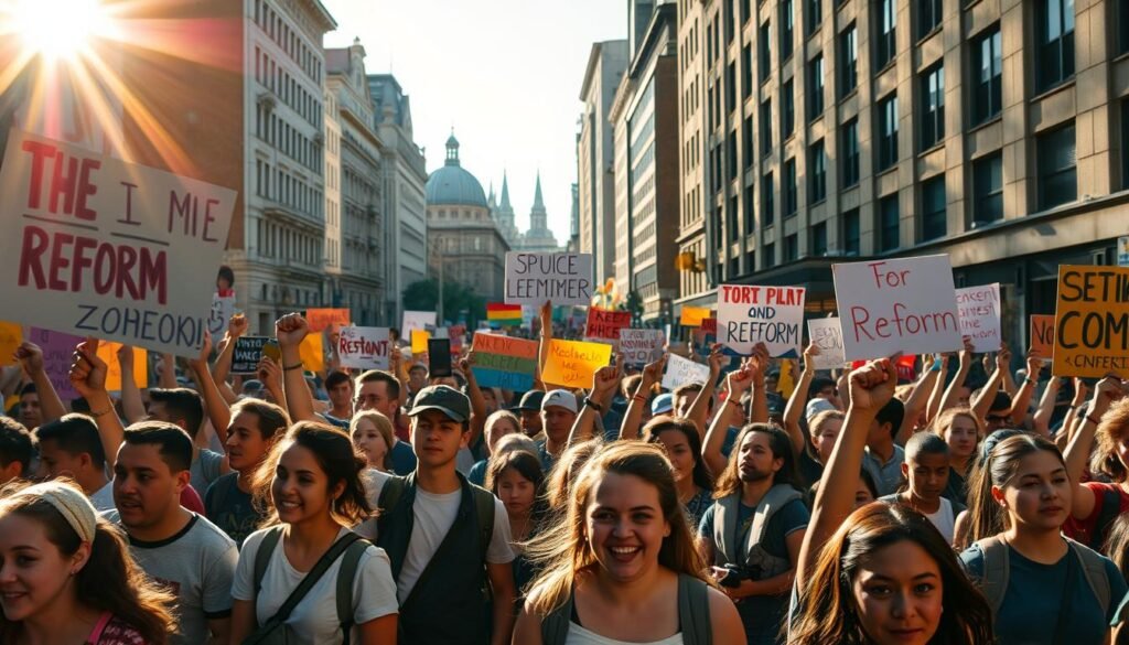 A dynamic scene of a student-led protest, illuminated by warm sunlight filtering through urban buildings. In the foreground, a diverse crowd of determined young people march, fists raised, carrying colorful banners and placards advocating for reform. The middle ground reveals a backdrop of iconic architecture, hinting at the historical context. Dramatic shadows and highlights create a sense of energy and movement, as the students' voices and chants seem to echo through the streets. The overall atmosphere conveys a powerful, grassroots movement driven by passion and a vision for change.