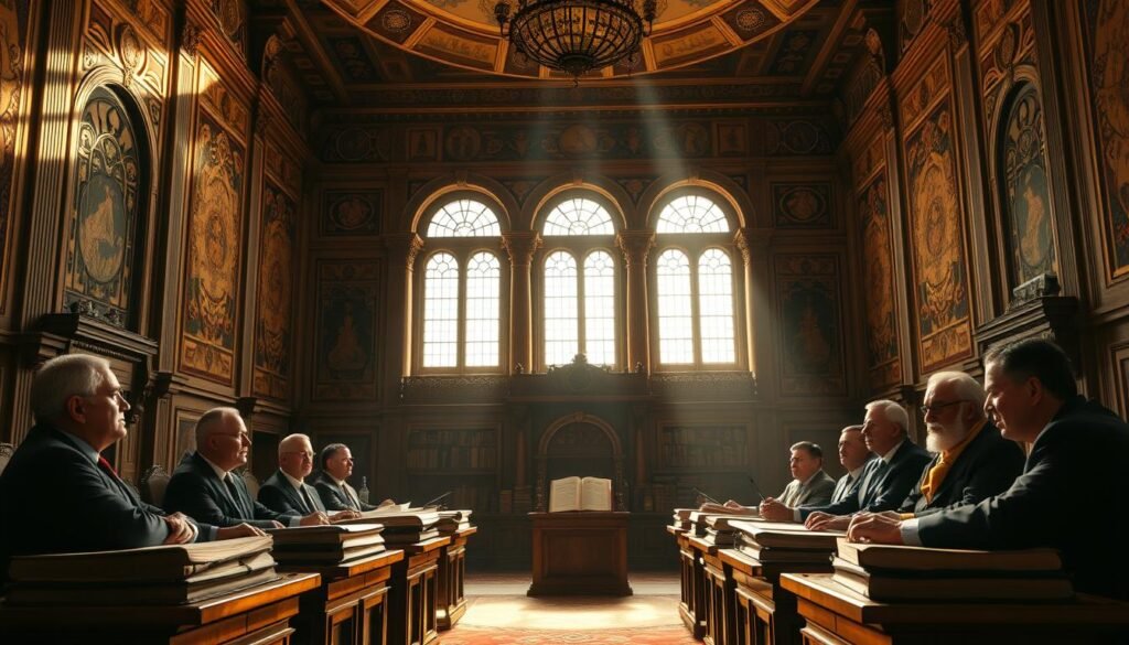 A grand, stately hall with ornate architectural features and intricate tapestries adorning the walls. In the center, an array of ancient tomes and scrolls on podiums, casting a warm, scholarly glow. Sunlight streams through tall, arched windows, illuminating a panel of distinguished figures debating the intricacies of constitutional frameworks. Their expressions are intense, yet contemplative, as they compare the nuances of Islamic and secular governance. The scene evokes a sense of historical significance and intellectual discourse, captured in a cinematic, high-resolution style. A grand, stately hall with ornate architectural features and intricate tapestries adorning the walls. In the center, an array of ancient tomes and scrolls on podiums, casting a warm, scholarly glow. Sunlight streams through tall, arched windows, illuminating a panel of distinguished figures debating the intricacies of constitutional frameworks. Their expressions are intense, yet contemplative, as they compare the nuances of Islamic and secular governance. The scene evokes a sense of historical significance and intellectual discourse, captured in a cinematic, high-resolution style.