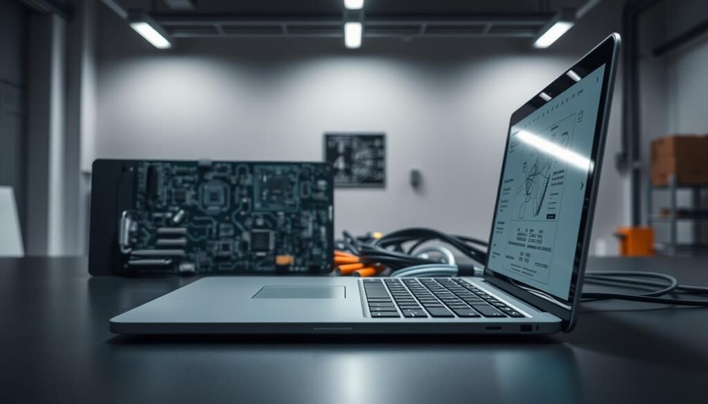 A highly detailed and visually striking image of a computer engineering portfolio project. The foreground features a sleek, modern laptop or tablet, its screen displaying a well-designed user interface or technical diagram. In the middle ground, various hardware components such as circuit boards, microchips, and wiring are neatly arranged, showcasing the technical expertise of the creator. The background depicts a minimalist, industrial-style workspace with clean lines, muted colors, and strategic lighting that accentuates the portfolio's professional and innovative aesthetic. The overall composition conveys a sense of technical proficiency, attention to detail, and a strong grasp of computer science principles.
