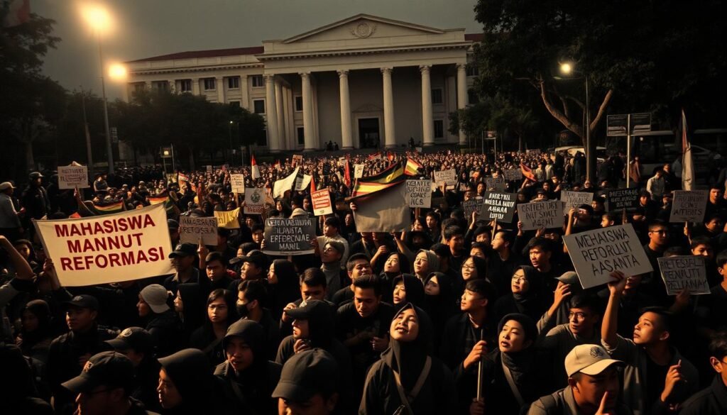 A large crowd of university students marching in the streets, carrying banners and chanting slogans demanding reforms. The scene is captured in a dramatic, high-contrast style with cinematic lighting, emphasizing the intensity and urgency of the student movement. The protesters fill the frame, their faces determined and resolute, with the government buildings and security forces in the background, suggesting the confrontation between the people and the authorities. The overall mood is one of civil disobedience and a struggle for change, capturing the essence of the "Mahasiswa Menuntut Reformasi" movement.