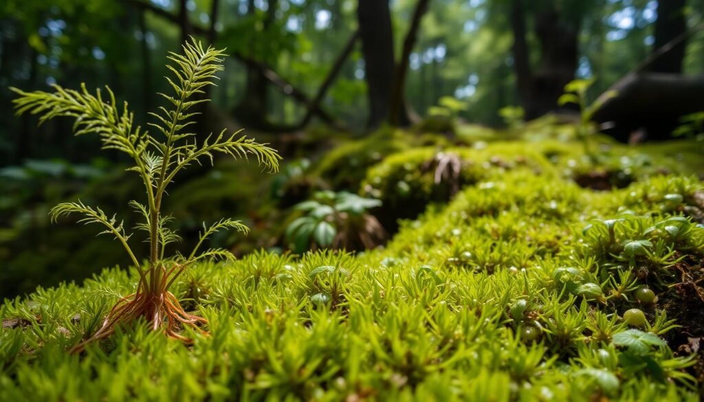 A lush, moss-covered forest floor, with sunlight filtering through the verdant canopy above. In the foreground, delicate fronds of a bryophyte plant sway gently, their stems serving as the biological backbone, providing structure and support. The middle ground reveals the intricate network of rhizoids anchoring the moss to the soil, drawing in water and nutrients. In the background, a diverse array of other bryophytes thrive, showcasing the vital role these primitive plants play in the ecosystem, from nutrient cycling to habitat provision. The scene is captured with a soft, natural lighting that emphasizes the delicate, almost ethereal quality of the moss. A wide-angle lens captures the depth and scale of this miniature world.
