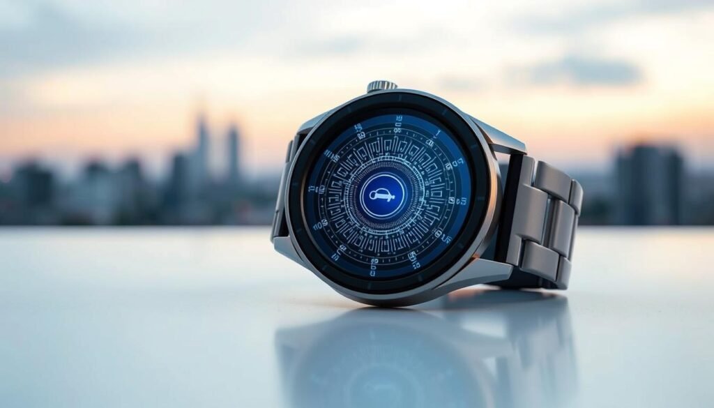 A sleek and modern smartwatch rests on a clean, minimalist surface, its display showcasing a secure lock screen with intricate digital patterns. The smartwatch's face is backlit with a soft, ambient glow, highlighting the attention to detail in its design. In the background, a blurred cityscape suggests the connected, digital world the smartwatch is a part of. The composition conveys a sense of technological sophistication and data protection, perfectly suited to illustrate the &quot;Keamanan Data pada Smartwatch&quot; section of the article.