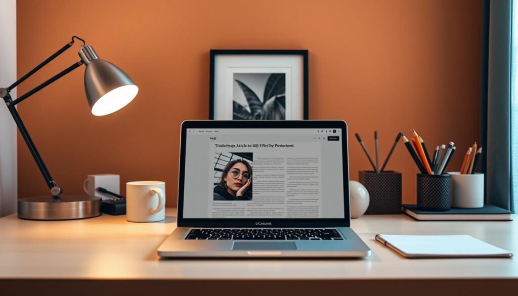 A stylish, modern blog workspace with a sleek, minimalist desk setup. In the foreground, a laptop sits open, its screen displaying a captivating article. Behind it, an array of desk accessories, including a stylish lamp, a chic mug, and a neatly organized stationery collection. The middle ground features a framed artwork or photograph, lending a touch of personality to the space. In the background, a warm, natural-toned wall provides a calming backdrop, accentuated by soft, diffused lighting from a nearby window. The overall atmosphere conveys a sense of productivity, inspiration, and a professional yet inviting ambiance, perfectly suited for a sponsored post promoting the value of transforming articles into effective promotional content.