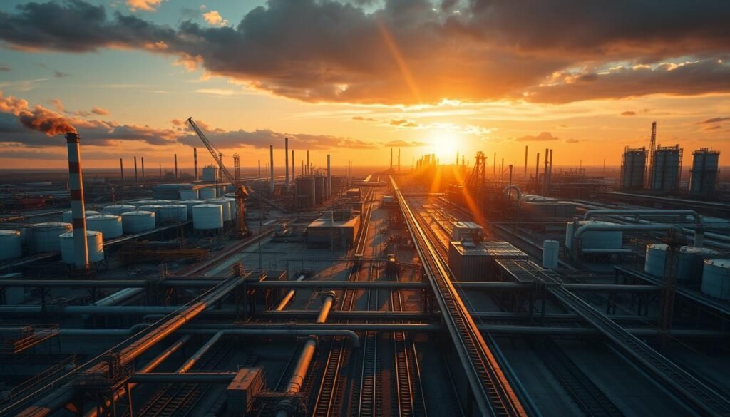 A vast industrial landscape unfolds, dominated by towering chimneys and sprawling factories. In the foreground, a maze of pipelines and storage tanks crisscross the scene, casting long shadows under the warm, golden light of the setting sun. The middle ground is filled with bustling activity - cranes hoisting cargo, workers scurrying about, and a tangle of railway tracks weaving through the industrial complex. In the distance, the horizon is punctuated by the silhouettes of massive manufacturing plants, their metal frames and glass facades reflecting the fiery hues of the sky. The overall atmosphere conveys a sense of productivity, progress, and the relentless march of technological advancement.