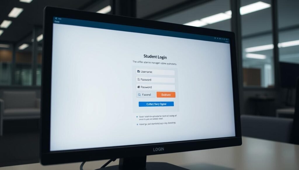 A well-lit, modern computer screen displaying the student login interface for the university's academic management system (SIAKAD). The screen shows a clean, minimalist design with input fields for username and password, along with any necessary instructions or guidelines for accessing the system. The overall mood is professional and user-friendly, reflecting the importance of this initial step in accessing the university's digital resources. The camera angle is slightly elevated, capturing the screen in a natural, unobtrusive manner, allowing the viewer to focus on the key interface elements.