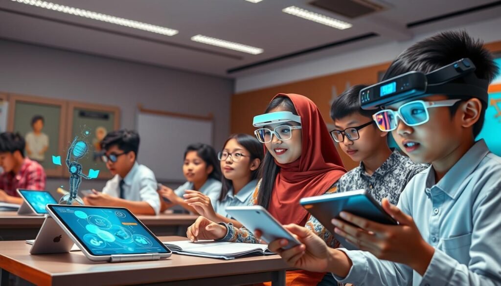 Futuristic classroom in Indonesia with AI-powered learning and virtual reality