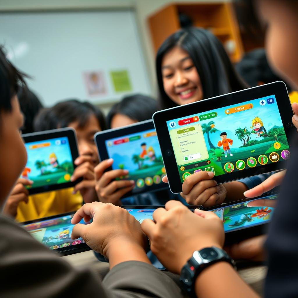 Indonesian students engaged with gamified e-learning application showing rewards and progress Indonesian students engaged with gamified e-learning application showing rewards and progress