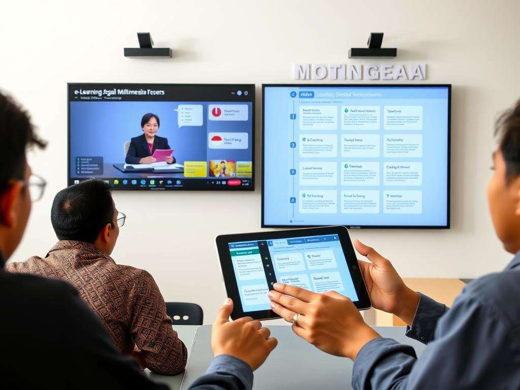Interactive multimedia tools used in e-learning in Indonesia showing video lessons and digital assessments