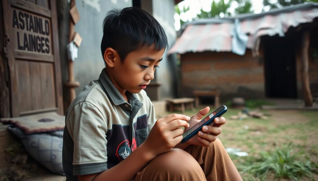 Rural Indonesian student accessing e-learning via mobile internet connection