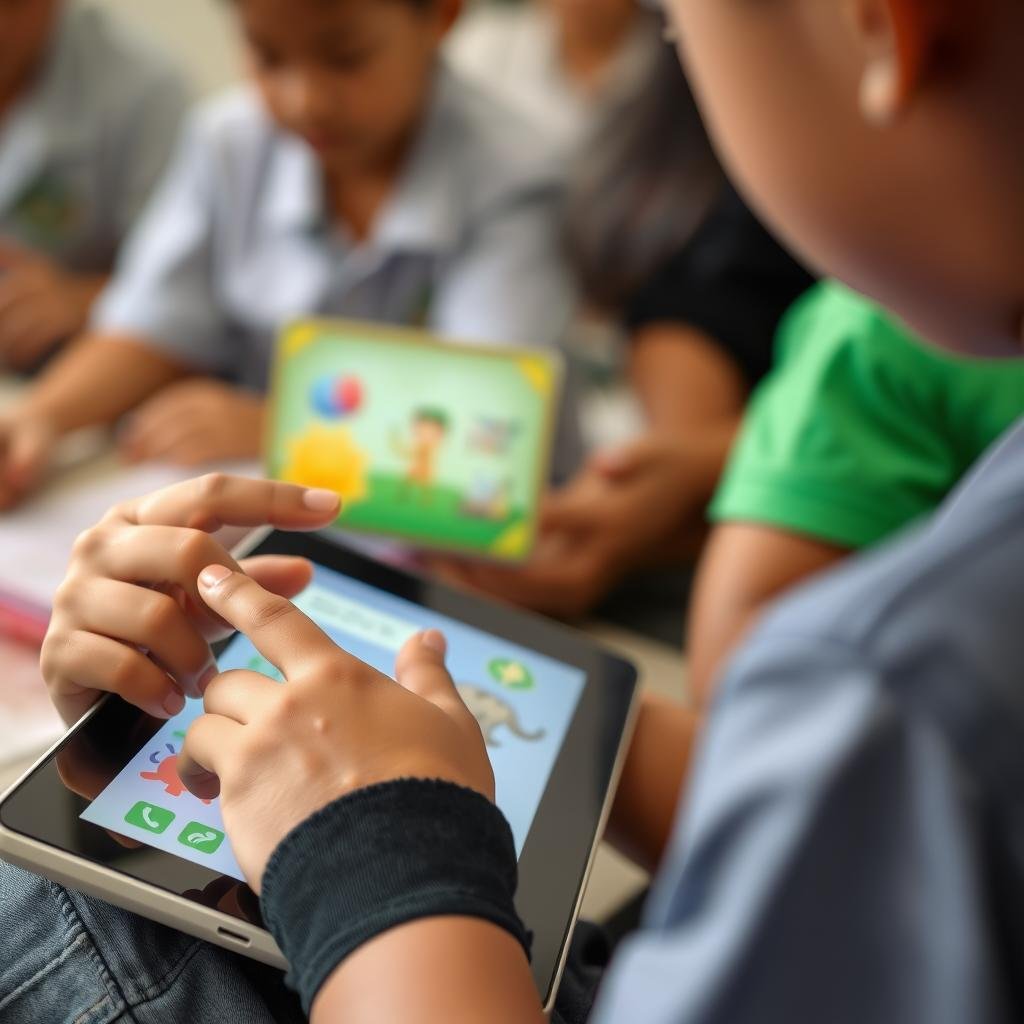 Student using interactive e-learning module on tablet with animated science lesson in Indonesia Student using interactive e-learning module on tablet with animated science lesson in Indonesia