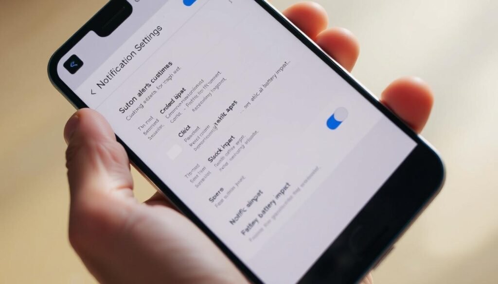 A detailed step-by-step guide for adjusting notification settings on an Android 14 device. The image shows a closeup of a hand holding a smartphone, the screen displaying a well-organized notification settings menu with clear options to customize alert behavior, block specific apps, and manage battery impact. The scene is bathed in soft, warm lighting, creating a calming, user-friendly atmosphere. The user interface elements are crisp and cleanly designed, inviting the viewer to confidently navigate the settings. The overall composition conveys a sense of control and efficiency in managing one's digital notifications.