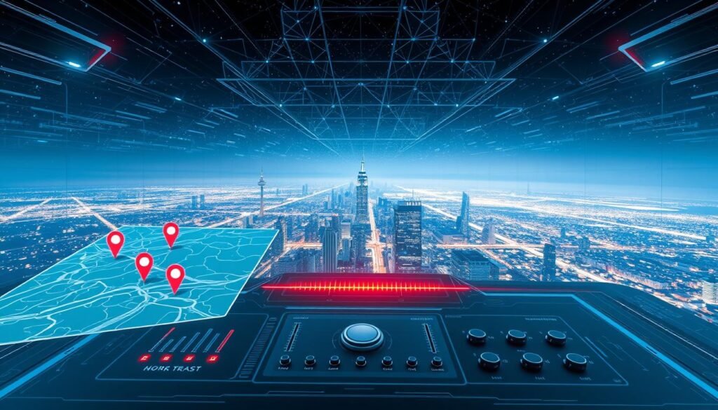 A futuristic aerial view of a data visualization interface, depicting a sprawling network of location data points. The foreground features a holographic display showcasing a detailed GPS map, with icons representing user check-ins. The middle ground shows a clean, minimalist control panel with various input sliders and toggles, allowing for precision editing of location data. In the background, a panoramic cityscape emerges, blending seamlessly with a starry night sky, hinting at the boundless possibilities of location-based experiences. The lighting is a captivating blend of cool tones and subtle neon accents, creating an atmosphere of technological wonder and boundless potential.