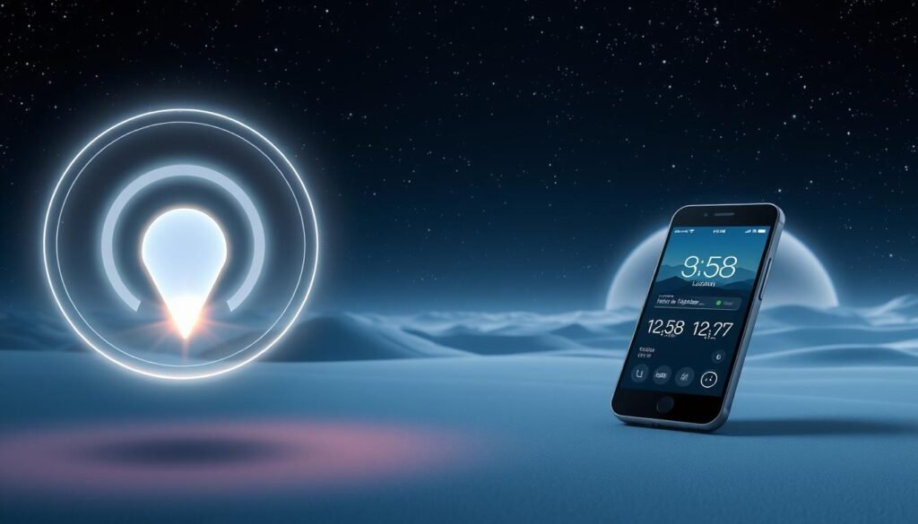A futuristic and minimalist information symbol, depicted as a glowing holographic projection against a backdrop of a starry night sky. The symbol hovers in the foreground, emanating a soft, ethereal light. The middle ground features a sleek, angular mobile device, its screen displaying location data and GPS coordinates. In the background, a stylized planetary landscape recedes into the distance, hinting at the interstellar setting. The overall atmosphere is one of advanced technology, exploration, and the boundless possibilities of the digital world.