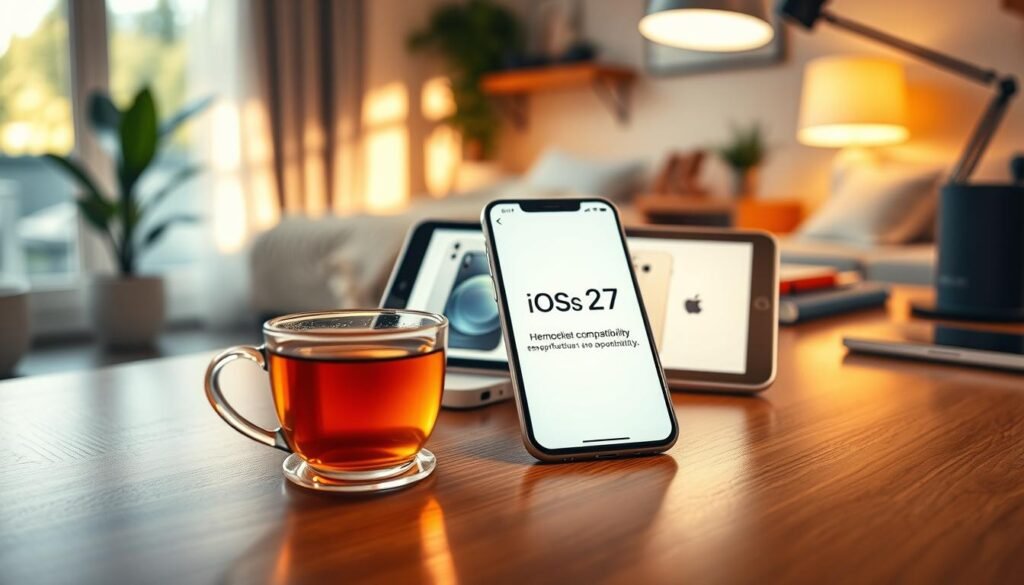 A sleek, modern workspace featuring a polished wooden desk with an iPhone showcasing the "iOS 27 compatibility" screen prominently displayed. In the foreground, a cup of steaming herbal tea sits next to the phone, radiating warmth and comfort. The middle layer includes a high-tech tablet displaying various iPhone models, arranged elegantly with a soft-focus effect. The background is a cozy room illuminated by warm, ambient lighting, creating a serene atmosphere conducive to relaxation. Soft, natural light filters in through a window, highlighting subtle textures in the wood and metal surfaces, evoking a sense of calmness. The overall mood is inviting and informative, perfect for a tech-savvy audience interested in compatibility and modern technology. A sleek, modern workspace featuring a polished wooden desk with an iPhone showcasing the "iOS 27 compatibility" screen prominently displayed. In the foreground, a cup of steaming herbal tea sits next to the phone, radiating warmth and comfort. The middle layer includes a high-tech tablet displaying various iPhone models, arranged elegantly with a soft-focus effect. The background is a cozy room illuminated by warm, ambient lighting, creating a serene atmosphere conducive to relaxation. Soft, natural light filters in through a window, highlighting subtle textures in the wood and metal surfaces, evoking a sense of calmness. The overall mood is inviting and informative, perfect for a tech-savvy audience interested in compatibility and modern technology.