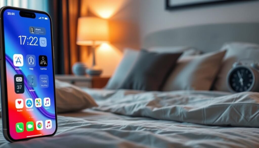 A visually captivating interface of iOS 27 displayed prominently in the foreground, showcasing a sleek and modern smartphone with a vibrant touch screen. The home screen features customized alarm apps with gentle rain and thunder icons, evoking a sense of tranquility. In the middle ground, subtly blurred elements of a cozy, well-lit bedroom setting, complete with soft pillows and calming decor, create an inviting atmosphere. The background includes a minimalistic nightstand with a stylish digital clock, enhancing the theme of peaceful sleep. The lighting is soft and warm, casting soothing shadows that evoke comfort. The overall mood is serene and modern, embodying innovation in user interface design while emphasizing relaxation and sleep enhancement. The focus is on clarity and functionality, with no text or distractions. A visually captivating interface of iOS 27 displayed prominently in the foreground, showcasing a sleek and modern smartphone with a vibrant touch screen. The home screen features customized alarm apps with gentle rain and thunder icons, evoking a sense of tranquility. In the middle ground, subtly blurred elements of a cozy, well-lit bedroom setting, complete with soft pillows and calming decor, create an inviting atmosphere. The background includes a minimalistic nightstand with a stylish digital clock, enhancing the theme of peaceful sleep. The lighting is soft and warm, casting soothing shadows that evoke comfort. The overall mood is serene and modern, embodying innovation in user interface design while emphasizing relaxation and sleep enhancement. The focus is on clarity and functionality, with no text or distractions.