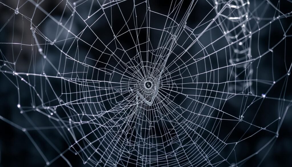 A visually striking web structure, delicately woven with intricate threads in shades of gray, silver, and black. The strands intersect and intertwine, creating a captivating, almost hypnotic pattern that fills the frame. The lighting is soft and diffused, casting gentle shadows that accentuate the depth and dimensionality of the web. The composition is balanced, with the web occupying the central focus, surrounded by a hazy, atmospheric background that adds depth and a sense of mystery. The overall mood is one of ethereal beauty and tranquility, conveying a sense of calm and contemplation.