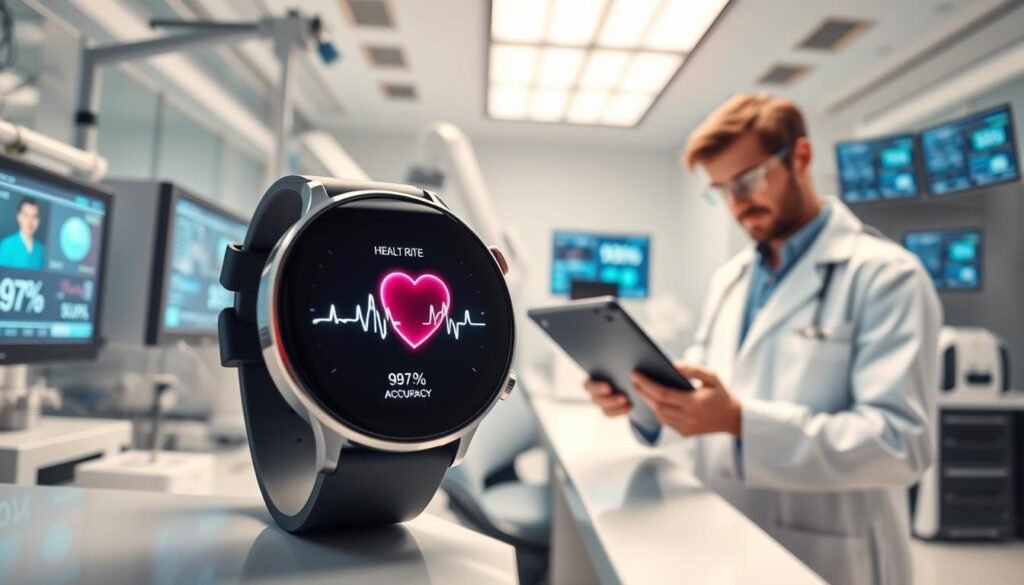 A clinical testing lab setting showcasing advanced smartwatch technology, illuminating the theme of early cancer detection. In the foreground, a sleek smartwatch displays a digital heart rate monitor, with a glowing interface indicating a 99% accuracy rate. The middle ground features a researcher, dressed in a professional lab coat, analyzing data on a tablet, conveying a sense of achievement and focus. The background is filled with modern medical equipment and screens displaying health statistics, radiating a bright yet professional ambiance. Soft, natural lighting enhances the futuristic vibe, creating a confident atmosphere. The composition is captured from a slight overhead angle, emphasizing the smartwatch and the researcher’s dedication to medical advancement. A clinical testing lab setting showcasing advanced smartwatch technology, illuminating the theme of early cancer detection. In the foreground, a sleek smartwatch displays a digital heart rate monitor, with a glowing interface indicating a 99% accuracy rate. The middle ground features a researcher, dressed in a professional lab coat, analyzing data on a tablet, conveying a sense of achievement and focus. The background is filled with modern medical equipment and screens displaying health statistics, radiating a bright yet professional ambiance. Soft, natural lighting enhances the futuristic vibe, creating a confident atmosphere. The composition is captured from a slight overhead angle, emphasizing the smartwatch and the researcher’s dedication to medical advancement.