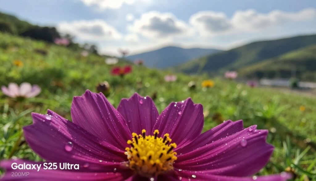 A close-up image showcasing the intricate details of a stunning landscape captured by a Samsung Galaxy S25 Ultra 200MP camera. In the foreground, sharp petals of a vibrant flower glisten with morning dew, illuminated by soft, natural sunlight, highlighting vivid colors and textures. The middle ground features rich greenery with varying shades of green, while a dreamy bokeh effect softly blurs the background, where distant rolling hills meet a bright sky with fluffy white clouds. The composition emphasizes clarity and depth, evoking a sense of serene beauty. The camera angle is slightly angled upward, creating a dynamic perspective. The overall mood is fresh and inviting, reflecting the capability of advanced AI features for remarkable detail and color performance.