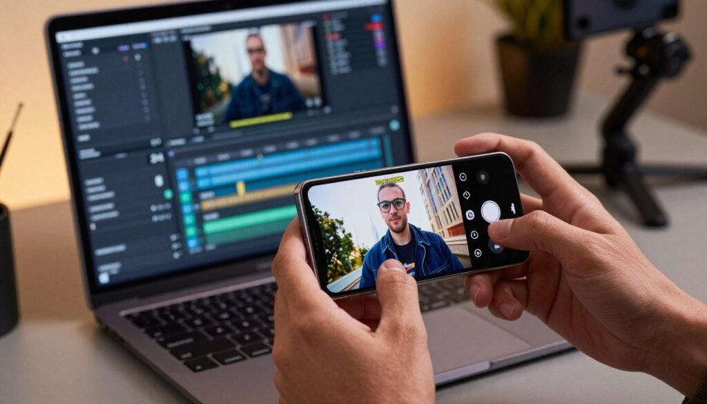 A close-up shot of a sleek Samsung Galaxy S25 Ultra smartphone, prominently displaying its vibrant 10-bit HDR video playback on the screen. In the foreground, hands of a professional content creator adjust the camera settings, showcasing attention to detail. The middle layer features a modern workspace, with a high-quality laptop and editing software visible, implying a seamless workflow for video creation. The background is softly blurred, highlighting artistic lighting with a warm ambiance that emphasizes creativity and technology. The image incorporates elements of stabilization equipment, adding a sense of professionalism. The overall mood is dynamic and inspiring, capturing the excitement of advanced video production techniques.
