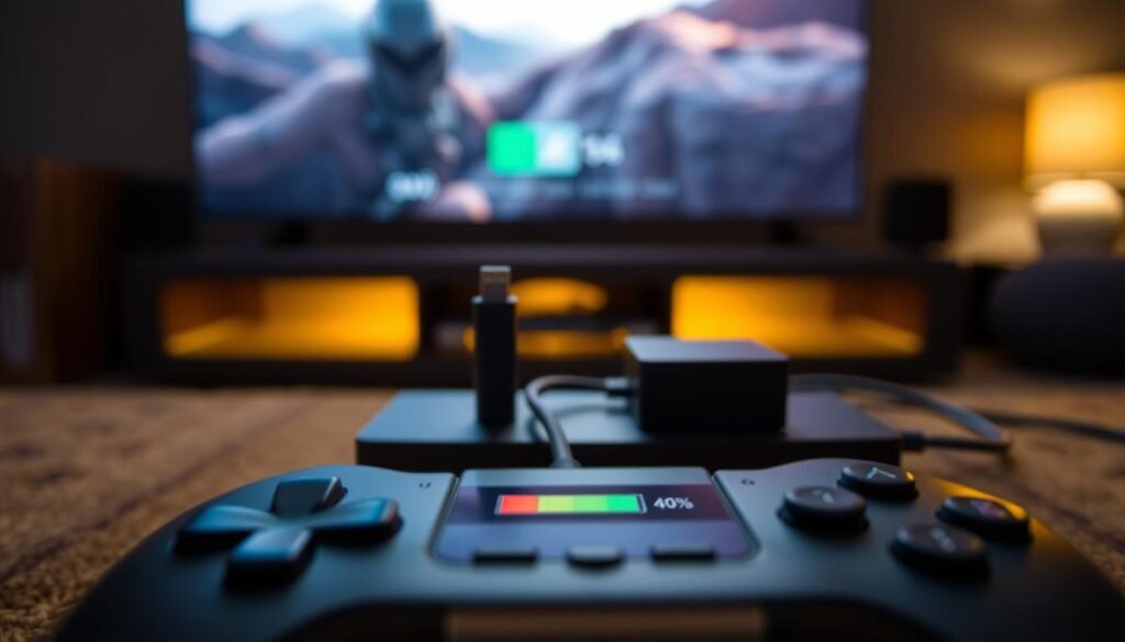 A close-up view of a DualSense Edge controller with a partially depleted battery indicator, prominently displayed in the foreground, focusing on the sleek, modern design of the controller. The battery icon shows a 40% charge, highlighted in red to indicate low power. In the middle ground, a neatly arranged charging dock with a USB-C cable is featured, hinting at optimal charging methods. The background is softly blurred, showcasing a cozy gaming environment with ambient lighting from a console and a large-screen TV, creating a warm, inviting atmosphere. The lighting is warm and intimate, suggesting a late-night gaming session. The composition is shot from a slight top-down angle, emphasizing the controller's features and the urgency of maintaining battery life. A close-up view of a DualSense Edge controller with a partially depleted battery indicator, prominently displayed in the foreground, focusing on the sleek, modern design of the controller. The battery icon shows a 40% charge, highlighted in red to indicate low power. In the middle ground, a neatly arranged charging dock with a USB-C cable is featured, hinting at optimal charging methods. The background is softly blurred, showcasing a cozy gaming environment with ambient lighting from a console and a large-screen TV, creating a warm, inviting atmosphere. The lighting is warm and intimate, suggesting a late-night gaming session. The composition is shot from a slight top-down angle, emphasizing the controller's features and the urgency of maintaining battery life.