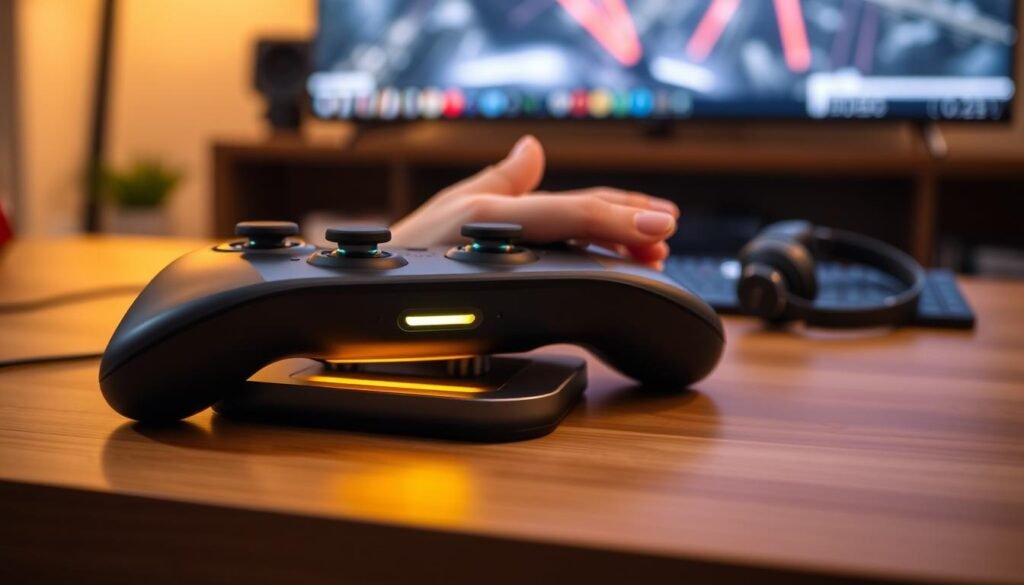 A close-up view of a DualSense edge controller lying on a stylish wooden table, with emphasis on the battery life indicator glowing softly in a warm, ambient light. In the foreground, a sleek, modern charging dock is visible, showcasing the correct positioning for optimal charging. In the middle, a hand gently holds the controller, demonstrating a practical charging method. The background shows a cozy gaming setup with a soft-focus gaming monitor and blurred headphones, creating an inviting atmosphere. The image captures a sense of efficiency and relaxation, suggesting easy ways to extend gameplay without frequent charging. The overall mood is warm and tech-savvy, highlighting the importance of battery management for gamers. A close-up view of a DualSense edge controller lying on a stylish wooden table, with emphasis on the battery life indicator glowing softly in a warm, ambient light. In the foreground, a sleek, modern charging dock is visible, showcasing the correct positioning for optimal charging. In the middle, a hand gently holds the controller, demonstrating a practical charging method. The background shows a cozy gaming setup with a soft-focus gaming monitor and blurred headphones, creating an inviting atmosphere. The image captures a sense of efficiency and relaxation, suggesting easy ways to extend gameplay without frequent charging. The overall mood is warm and tech-savvy, highlighting the importance of battery management for gamers.