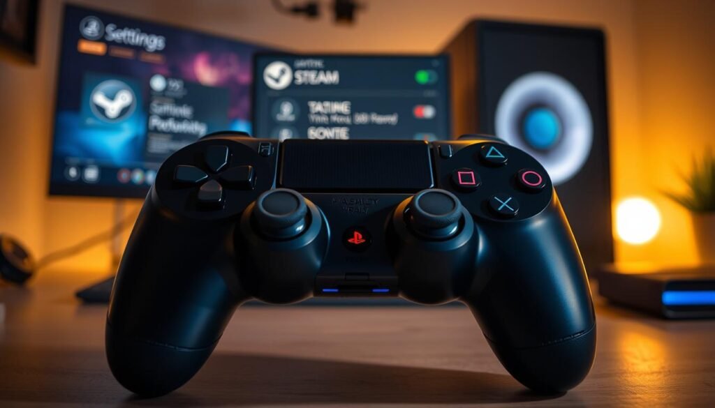 A close-up view of a PlayStation DualSense controller highlighting its innovative haptic feedback features. The controller should be placed prominently in the foreground, with tactile feedback areas illuminated to showcase the haptic technology. In the middle ground, a sleek, modern gaming PC is visible, connected to the controller via a USB cable, with ambient lighting illuminating the workspace. In the background, a high-resolution monitor displays a vibrant Steam interface, indicating game settings. The lighting should be warm, creating an inviting atmosphere, while focusing on the details of the controller’s buttons and textures. Use a shallow depth of field to emphasize the controller, with soft bokeh effects in the background for an engaging visual experience. A close-up view of a PlayStation DualSense controller highlighting its innovative haptic feedback features. The controller should be placed prominently in the foreground, with tactile feedback areas illuminated to showcase the haptic technology. In the middle ground, a sleek, modern gaming PC is visible, connected to the controller via a USB cable, with ambient lighting illuminating the workspace. In the background, a high-resolution monitor displays a vibrant Steam interface, indicating game settings. The lighting should be warm, creating an inviting atmosphere, while focusing on the details of the controller’s buttons and textures. Use a shallow depth of field to emphasize the controller, with soft bokeh effects in the background for an engaging visual experience.
