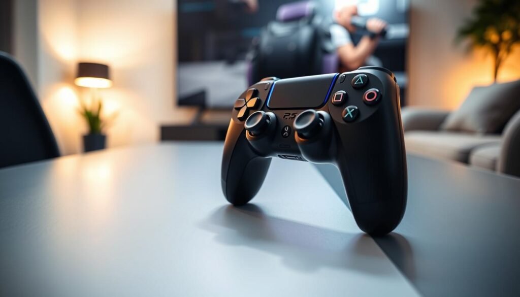 A close-up view of a customized PS5 controller, featuring ergonomic adaptations and accessible buttons designed for gamers with disabilities. The controller is displayed on a sleek gaming table, illuminated by soft ambient lighting that highlights its unique features. In the background, a modern gaming setup is visible, including a large TV and a comfortable gaming chair. The focus is on the controller, with a shallow depth of field to emphasize its intricate design and vibrant colors. The atmosphere is inviting and inclusive, showcasing the innovation in gaming accessibility. The angle captures the controller from slightly above, enhancing its importance in the scene.