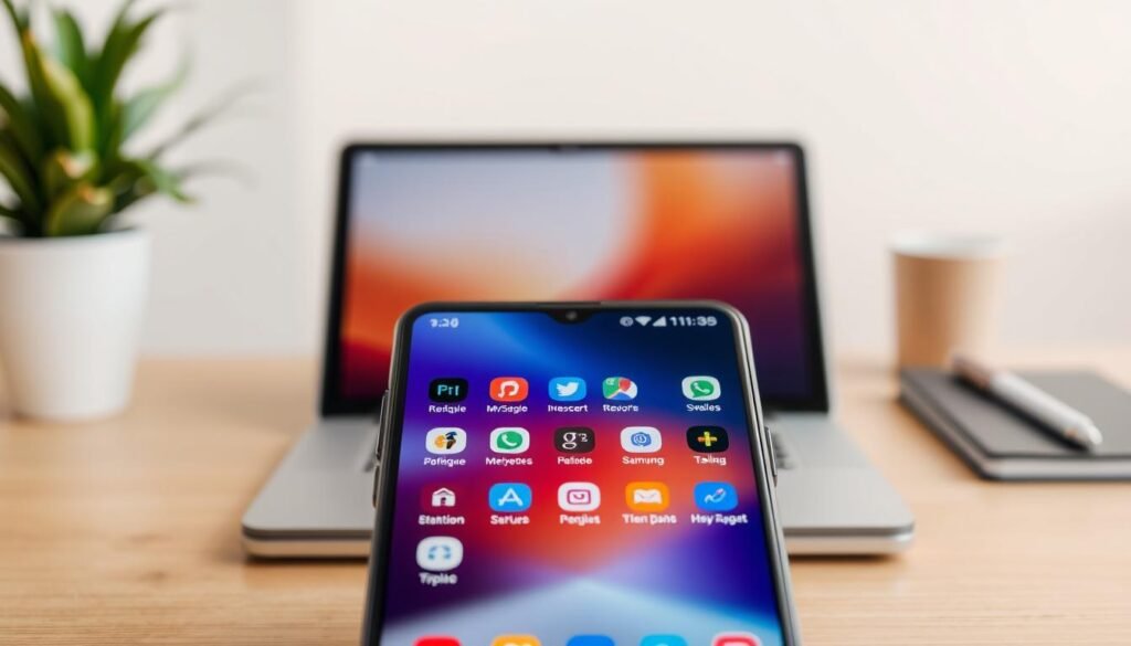 A detailed and visually rich depiction of Samsung One UI 6.1 interface on a modern smartphone screen, showcasing various pre-installed applications that represent bloatware. In the foreground, the smartphone is centered, displaying a colorful app grid filled with recognizable yet unnecessary Samsung applications. The middle layer features hints of a desk environment with a sleek, minimalist design, possibly including a laptop or tablet in soft-focus to provide context. The background is softly blurred with a light, neutral color to emphasize the phone and apps. The lighting is bright and natural, creating an inviting atmosphere. The mood is analytical, reflecting the section's focus on the burden of bloatware, with a clean and professional aesthetic. No people or distracting elements are present, ensuring a focused representation of the subject matter.