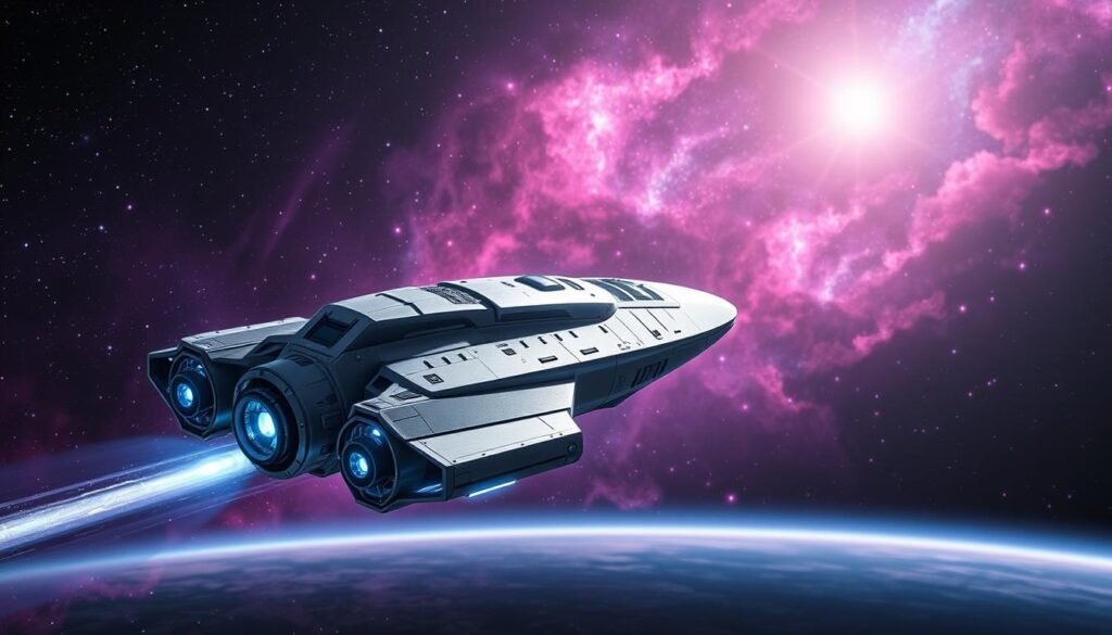 A detailed, futuristic spacecraft designed for real-time operations, soaring through the cosmos. In the foreground, a sleek, silver-hulled spacecraft with glowing blue engines, showcasing intricate panels and high-tech instrumentation. In the middle ground, a backdrop of vibrant stars and distant nebulae, their colors ranging from deep purples to bright pinks, adds depth and wonder. The spacecraft’s trajectory leaves a brilliant trail of light, emphasizing its speed and precision. Set with slight lens distortion to evoke a sense of movement, the scene is illuminated by soft cosmic light from a nearby star, casting a serene atmosphere. The composition evokes both the power and stability of advanced technology in an eternal universe. A detailed, futuristic spacecraft designed for real-time operations, soaring through the cosmos. In the foreground, a sleek, silver-hulled spacecraft with glowing blue engines, showcasing intricate panels and high-tech instrumentation. In the middle ground, a backdrop of vibrant stars and distant nebulae, their colors ranging from deep purples to bright pinks, adds depth and wonder. The spacecraft’s trajectory leaves a brilliant trail of light, emphasizing its speed and precision. Set with slight lens distortion to evoke a sense of movement, the scene is illuminated by soft cosmic light from a nearby star, casting a serene atmosphere. The composition evokes both the power and stability of advanced technology in an eternal universe.