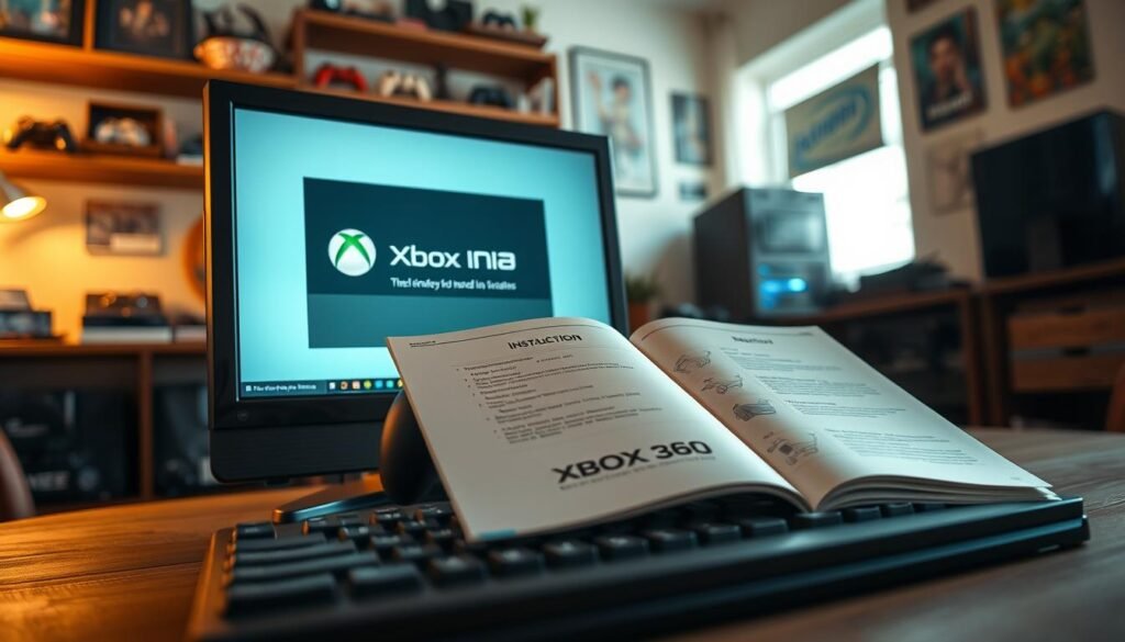 A detailed scene depicting the installation of the Xbox 360 emulator, Xenia. In the foreground, a modern desktop computer setup with an i7-10700F processor and an RX 6600 8GB graphics card, displaying the Xenia installation interface on the screen. In the middle, an open instruction manual beside the keyboard, showcasing the step-by-step installation process. The background features a cozy, well-lit home office environment, with shelves of gaming memorabilia and soft ambient lighting. The atmosphere is focused and productive, conveying a sense of excitement for gaming. The image should use natural light to create warmth, with a slight blur effect from a wide-angle lens to emphasize the foreground details.