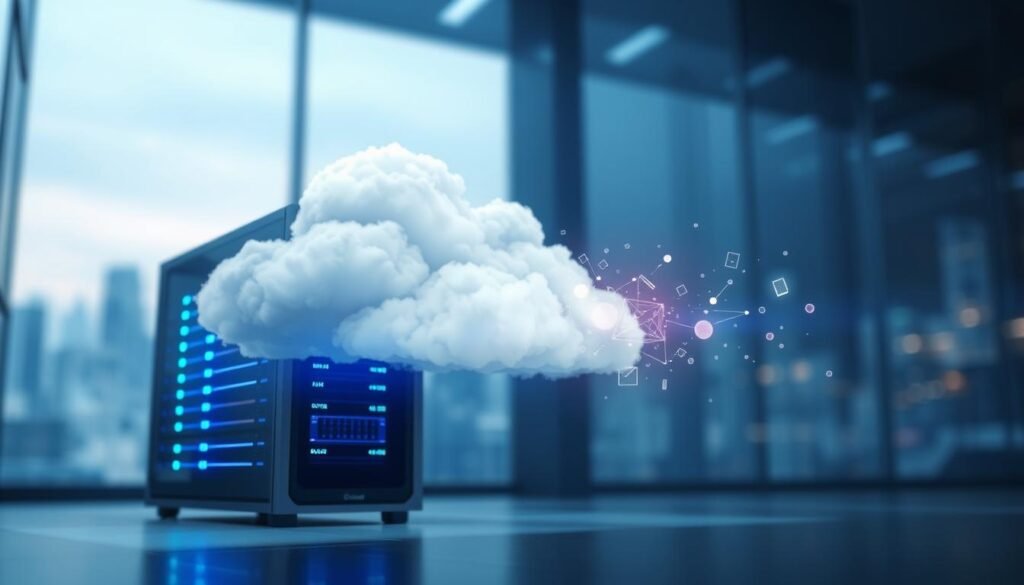 A digital representation of a storage cloud, symbolizing cloud gaming. In the foreground, a sleek, transparent server in a professional setting, subtly illuminated with cool blue and white LED lights. In the middle ground, ethereal layers of clouds floating softly, visualizing data processing; bits of digital information (represented as glowing orbs) are flowing in and out of the storage cloud, suggesting connectivity and data transfer. The background features an abstract, blurred city skyline suggesting a technological environment, with a cool color palette to emphasize a modern, futuristic atmosphere. The lighting is soft and diffused, casting a serene glow, enhancing the sense of innovation and possibilities in cloud gaming.