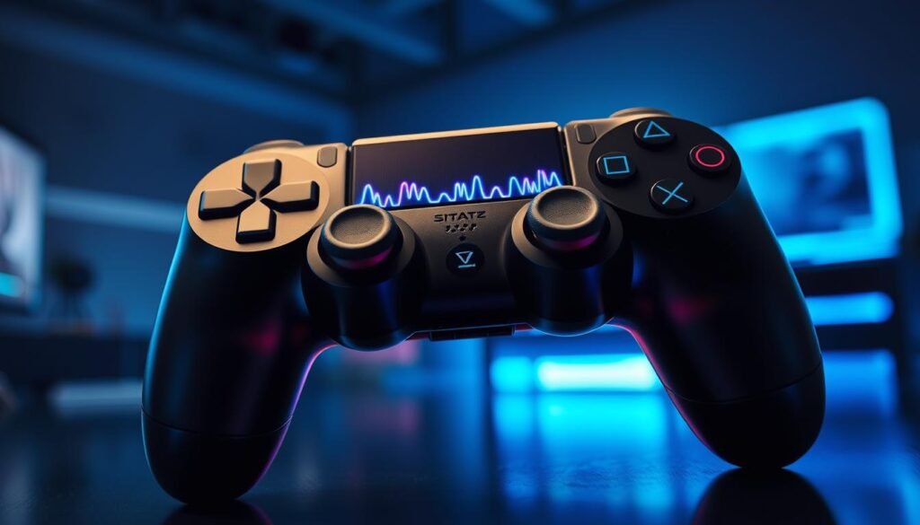 A dynamic composition illustrating the concept of "haptic feedback," featuring a close-up of a PlayStation DualSense controller in the foreground, emphasizing its textured grips and adaptive triggers. The middle ground should highlight waveforms and tactile sensations emanating from the controller, depicted as vibrant, glowing lines to symbolize varying levels of intensity. In the background, a dimly lit gaming environment with soft blue ambient lighting sets a modern atmosphere, suggesting a connection to the gaming experience. The image should be shot in a slightly angled view to create depth, with a shallow focus on the controller and a blurred background for dramatic impact, evoking a sense of immersion and technology's touch. A dynamic composition illustrating the concept of "haptic feedback," featuring a close-up of a PlayStation DualSense controller in the foreground, emphasizing its textured grips and adaptive triggers. The middle ground should highlight waveforms and tactile sensations emanating from the controller, depicted as vibrant, glowing lines to symbolize varying levels of intensity. In the background, a dimly lit gaming environment with soft blue ambient lighting sets a modern atmosphere, suggesting a connection to the gaming experience. The image should be shot in a slightly angled view to create depth, with a shallow focus on the controller and a blurred background for dramatic impact, evoking a sense of immersion and technology's touch.