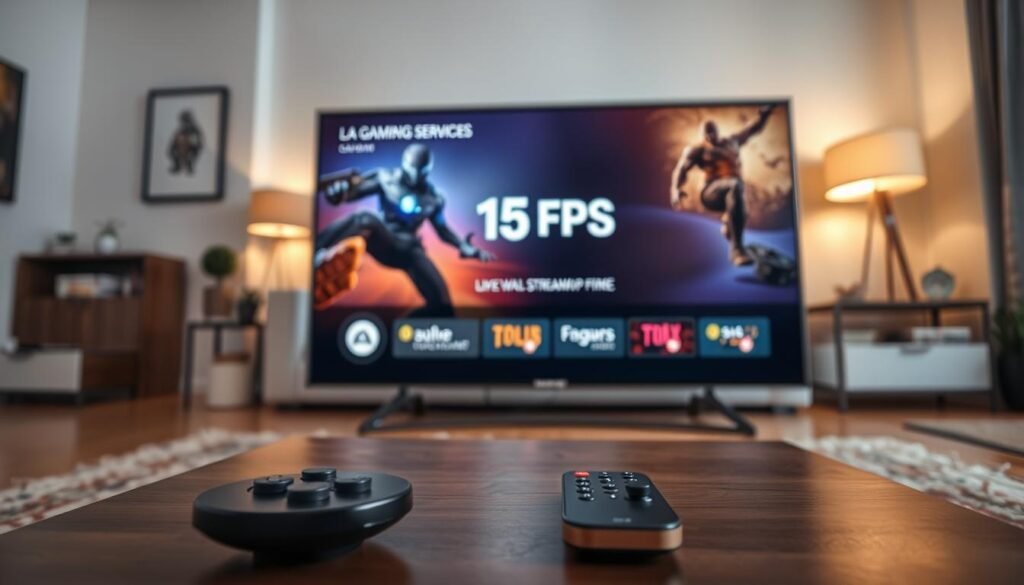 A focused, high-tech depiction of a modern Android TV set showing a user interface with a clear limit indicator of 15 FPS on the gaming streaming service screen. In the foreground, a sleek remote control rests on a stylish coffee table. The middle ground features a comfortable living room setting with a cozy couch and decorative elements reflecting a gamer-friendly environment. The background captures a neatly arranged entertainment center, with soft ambient lighting highlighting the TV screen. The overall mood is one of anticipation and curiosity about the gaming experience, with a slight digital aesthetic. The scene is shot from a low angle to emphasize the TV, conveying a sense of immersion.