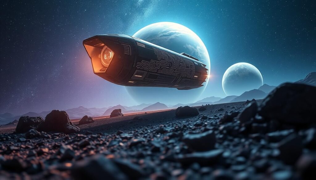 A futuristic spacecraft inspired by the Linux kernel, showcasing intricate circuit-like patterns on its surface. The foreground features the spacecraft hovering above a rocky, alien landscape, with hints of coding symbols softly glowing on its hull. In the middle ground, a few scattered asteroids reflect the ambient light, while a planet with swirling clouds looms in the distance. The background is filled with a star-studded galaxy, providing a vastness of deep blues and purples. Soft, ethereal lighting enhances the scene, creating a sense of high-tech exploration. The angle is slightly low, gazing up at the spacecraft, evoking awe and the spirit of innovation. A futuristic spacecraft inspired by the Linux kernel, showcasing intricate circuit-like patterns on its surface. The foreground features the spacecraft hovering above a rocky, alien landscape, with hints of coding symbols softly glowing on its hull. In the middle ground, a few scattered asteroids reflect the ambient light, while a planet with swirling clouds looms in the distance. The background is filled with a star-studded galaxy, providing a vastness of deep blues and purples. Soft, ethereal lighting enhances the scene, creating a sense of high-tech exploration. The angle is slightly low, gazing up at the spacecraft, evoking awe and the spirit of innovation.